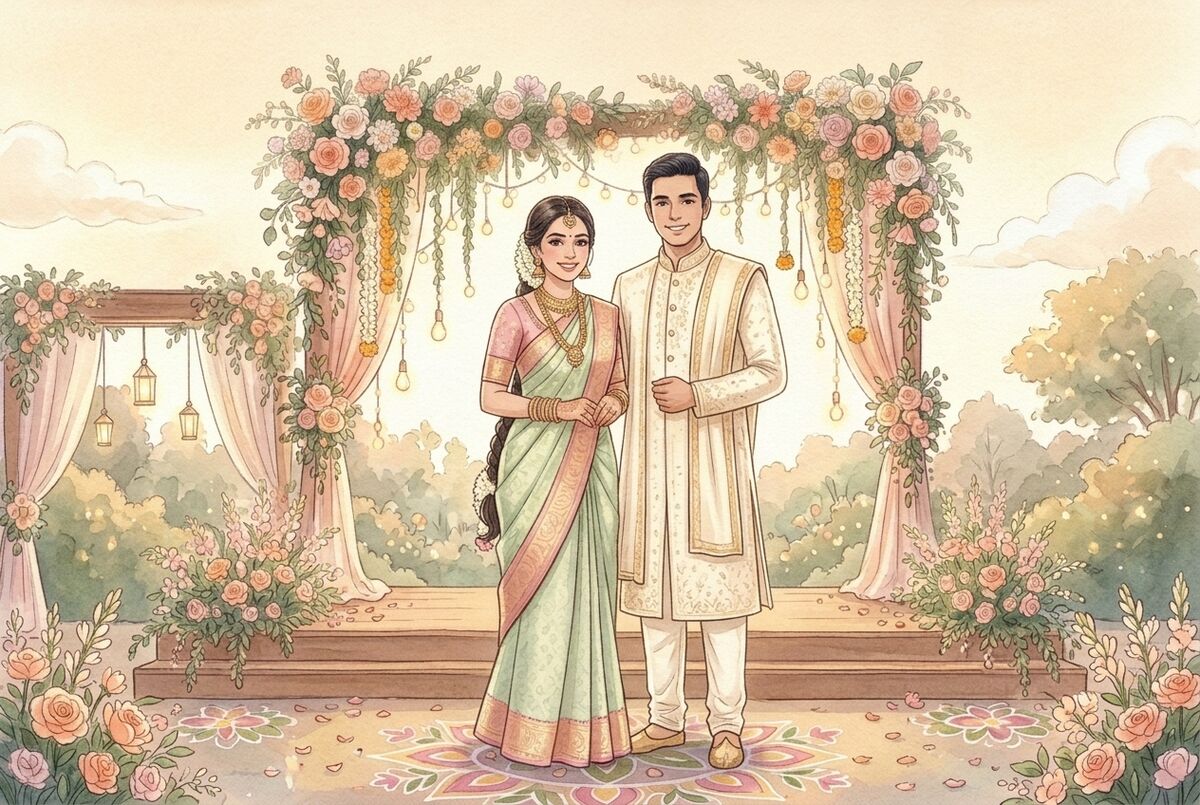 Illustration of the couple on stage at the day reception