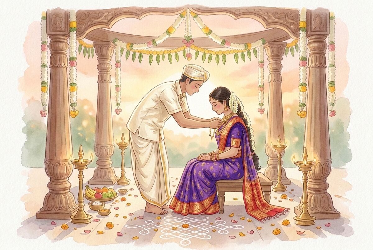 Illustration of the groom tying the mangalsutra under the mandap