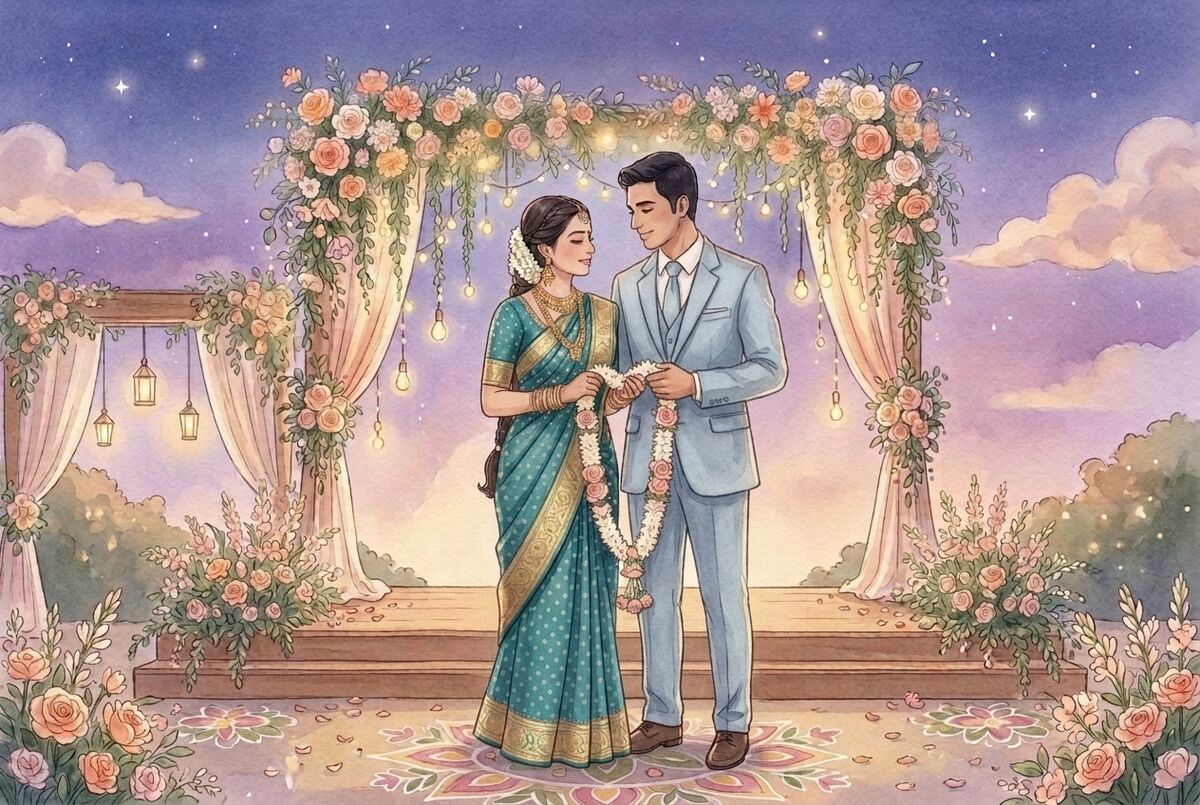 Illustration of the couple on the reception stage